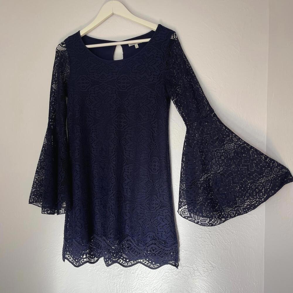 Boho Babe in Bell Sleeves – Navy Lace Mini Dress Small